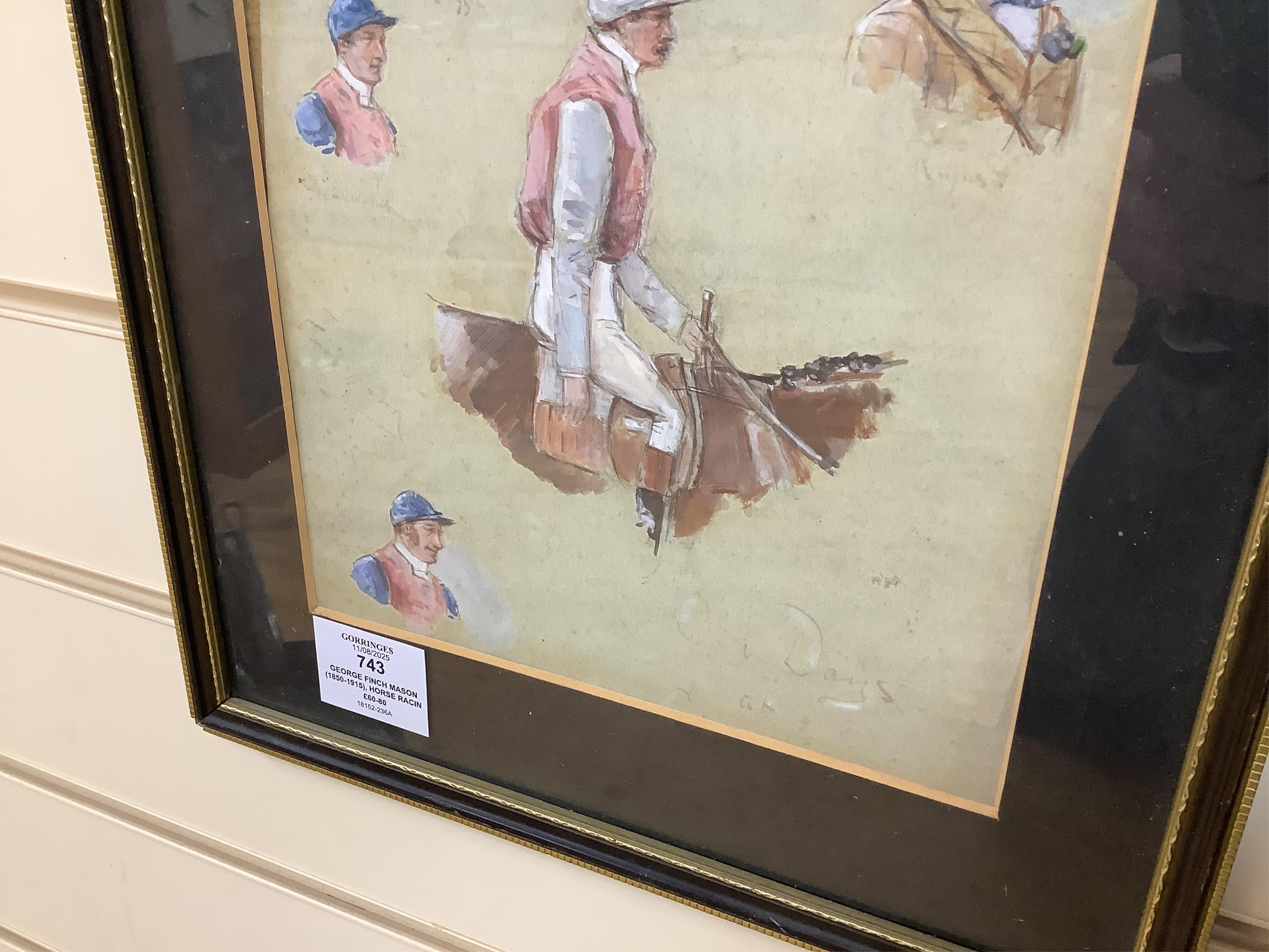George Finch Mason (1850-1915), Horse racing interest to include 'Old Days at Cheltenham' and 'Victory', three pen, ink and washes, each signed, largest 31 x 25cm